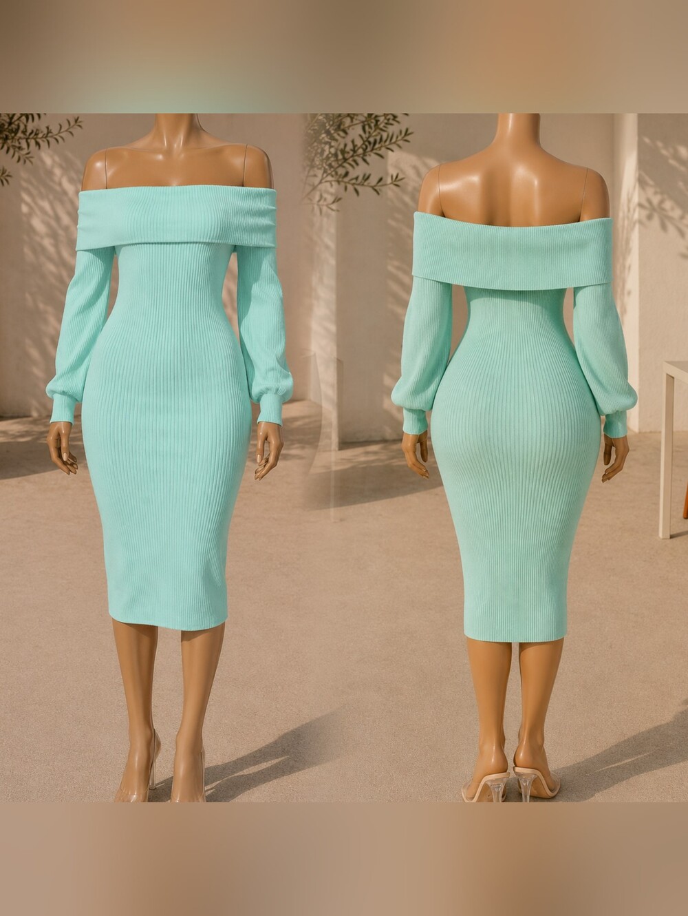 Off-Shoulder Ribbed Bodycon Dress in Mint
